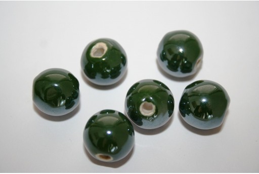 Perline di Ceramica Verde Oliva Scuro Tondo 14mm - 4pz