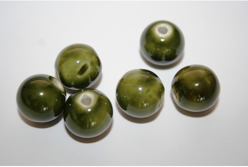 Perline di Ceramica Verde Oliva Tondo 14mm - 4pz