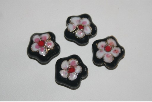 Perle Cloisonne Nera Fiore 16mm - 2pz