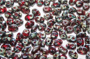 Superduo Beads Siam Ruby-Picasso 5x2,5mm - 10gr