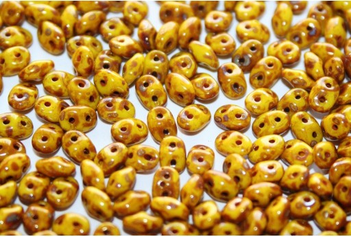 Superduo Beads Opaque Yellow-Picasso Silver 5x2,5mm - 10gr