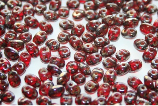 Superduo Beads Siam Ruby Silver Picasso 5x2,5mm - 10gr