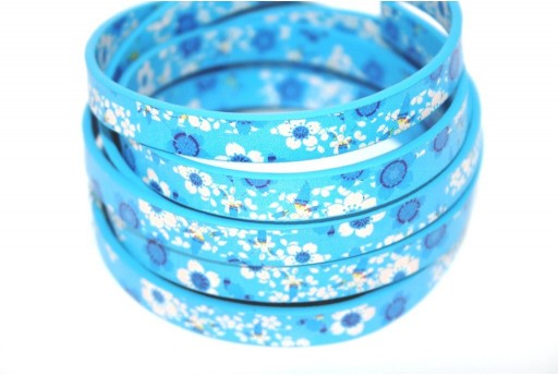 Flat Faux Leather Flower Blue 10mm - 50cm