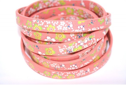 Cordoncino di Cuoio Sintetico Piatto Fiori Rosa 10mm - 50cm