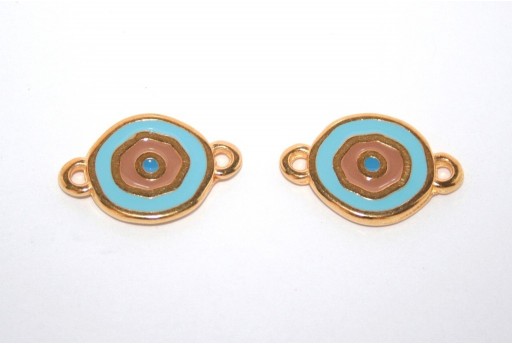 Gold Plated Enameled Eye Link Coin Aqua 15mm - 1pcs