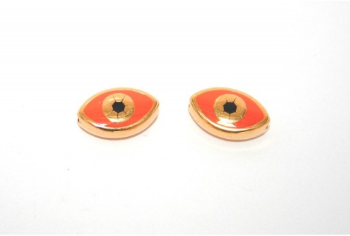 Gold Plated Enameled Eye Beads Oval Orange 15x9mm - 1pcs