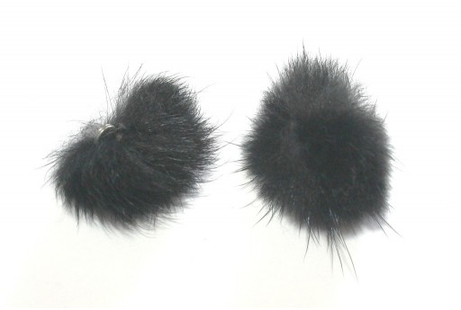 PomPon Fur Whit Ring Black 25mm - 2pcs