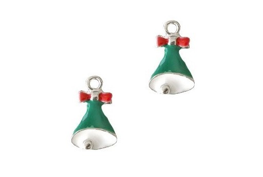 Silver Plated Enameled Charm Christmas Bells 18x11mm - 2pcs