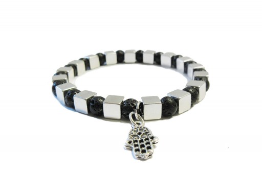 Kit Bracciale Uomo Pietra Lavica e Cubi Argento