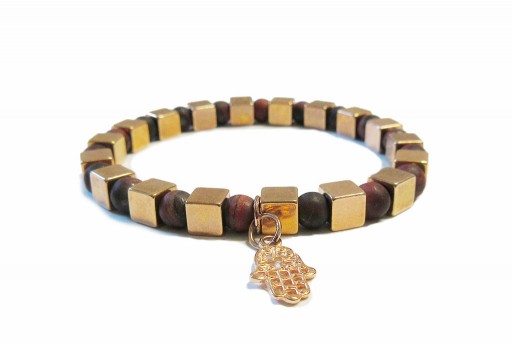 Kit Bracciale Uomo Occhio di Tigre Rosso Opaco e Cubi Oro Rosa