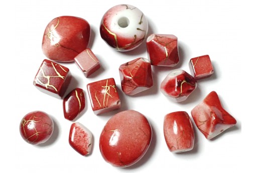 Acrylic Beads Red/Gold 14 Mixed Shapes AC99C