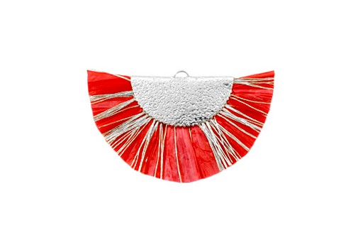 Raffia Tassel Pendant - Gold Circle - Red-Silver 46x25mm