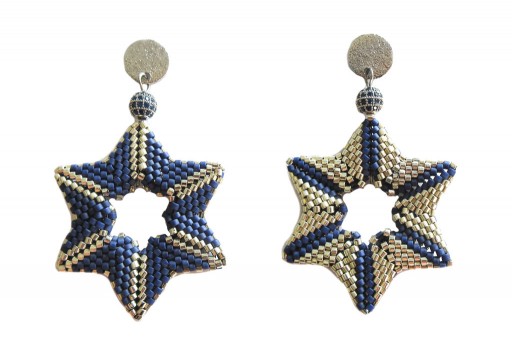 DIY Kit Double Star Earrings Metallic Dark Grey Blue Matted