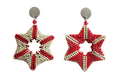 DIY Kit Double Star Earrings Dyed Semi-Matte Opaque Red