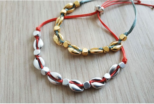 Kit Bracciale Conchiglie Ciprea argento con filo rosso 2