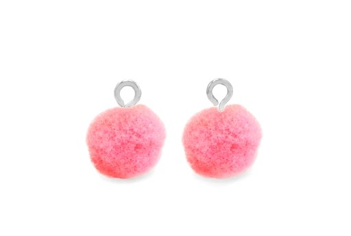 Pon Pon in Poliestere Rosa con Anellino Argento 10mm - 4pz