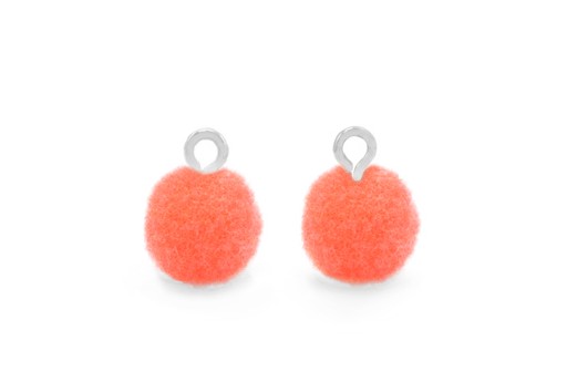 Pom Pom Charms With Loop - Silver-Coral 10mm 4pcs