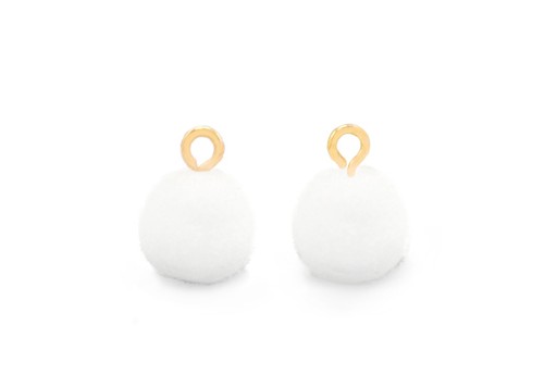 Pon Pon in Poliestere Bianco con Anellino Oro 10mm - 4pz