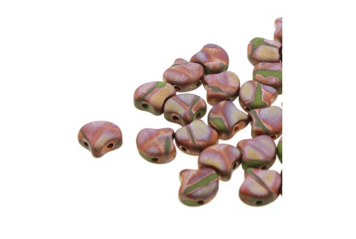 Czech Glass Ginko Beads - Green Capri Gold Mat Batik 7,5mm - 10gr