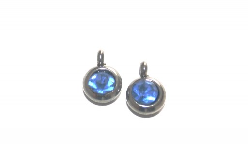 Stainless Steel Charm Pendant - Strass Blue 9mm -2pcs