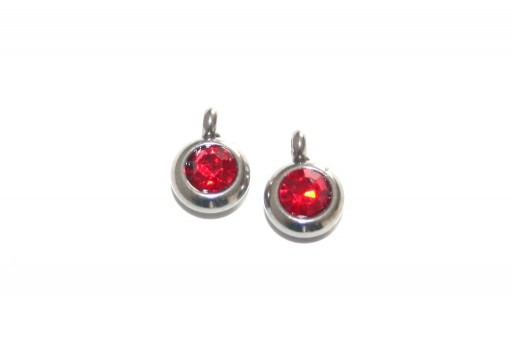 Charms in Acciaio Tondo con Strass Rosso 9mm - 2pz