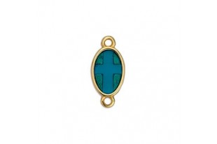 Oval Motif With Cross Vitraux Green With 2 Rings - Gold 8,5x18mm