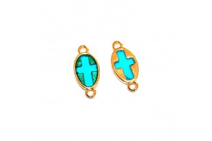 Oval Motif With Cross Vitraux Green With 2 Rings - Gold 8,5x18mm