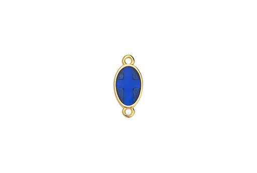 Oval Motif With Cross Vitraux Blue With 2 Rings - Gold 8,5x18mm