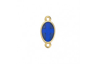 Link Ovale con Croce in Vetro Blue - Oro 8,5x18mm