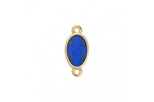 Oval Motif With Cross Vitraux Blue With 2 Rings - Gold 8,5x18mm