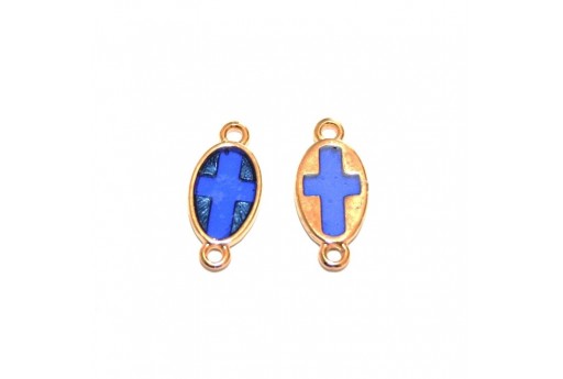 Oval Motif With Cross Vitraux Blue With 2 Rings - Gold 8,5x18mm 2
