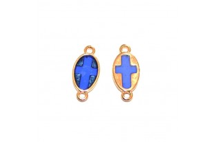 Oval Motif With Cross Vitraux Blue With 2 Rings - Gold 8,5x18mm