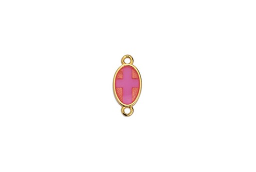 Link Ovale con Croce in Vetro Fuchsia - Oro 8,5x18mm