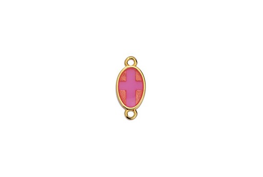 Oval Motif With Cross Vitraux Fuchsia With 2 Rings - Gold 8,5x18mm