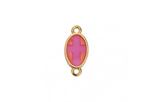 Oval Motif With Cross Vitraux Fuchsia With 2 Rings - Gold 8,5x18mm