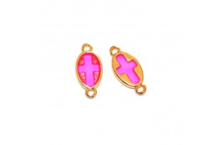 Oval Motif With Cross Vitraux Fuchsia With 2 Rings - Gold 8,5x18mm