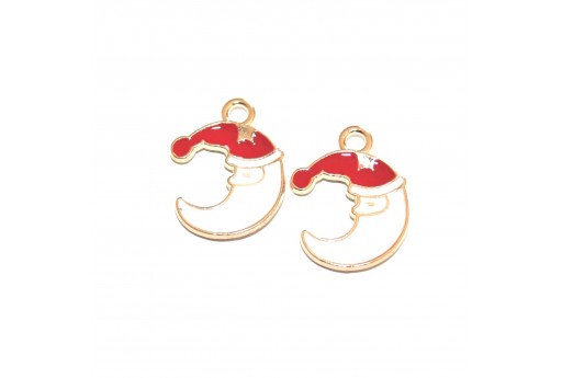 Charm Smaltato Luna con Cappello di Natale - Oro 20x16mm - 4pz