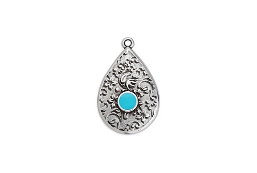 Drop Motif Ethnic Pendant Silver - Turquoise 17,6x27,8mm