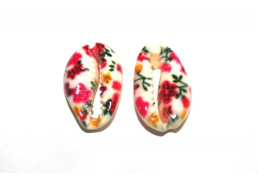Cowrie Shell Red Flowers 20x13mm aprox. - 4pcs