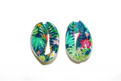 Cowrie Shell - Blue Flowers 20x13mm aprox. - 4pcs