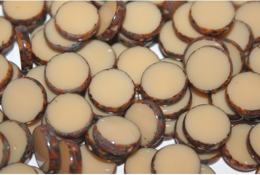 Pressed Czech Glass Beads Table Cut Coin - Ivory Picasso 10mm - 10pcs