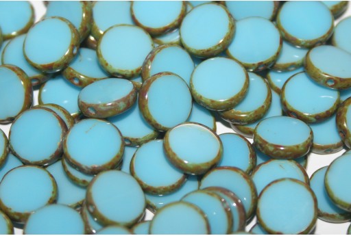 Pressed Czech Glass Beads Table Cut Coin - Blue Turquoise Picasso 10mm - 10pcs
