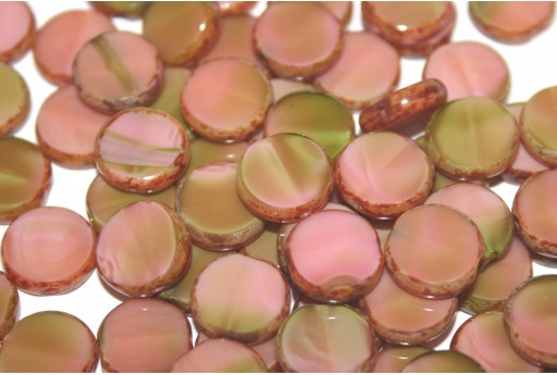 Pressed Czech Glass Beads Table Cut Coin - Pink Olivine Picasso 10mm - 10pcs