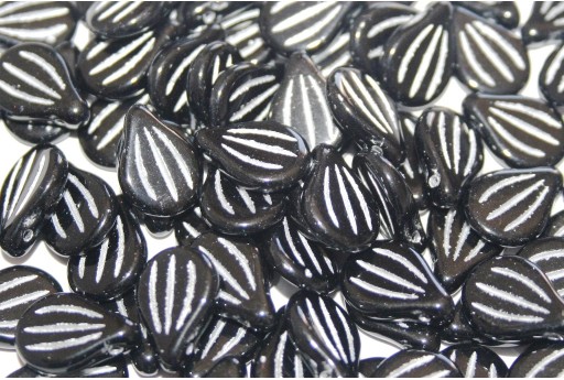 Engraved Pip Glass Bead - Jet Silver Painted 14x9mm - 10pcs