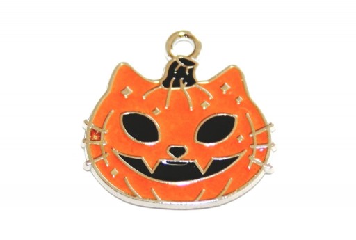 Charm Smaltato Halloween Zucca Gatto Arancio - 21x20mm - 2pz