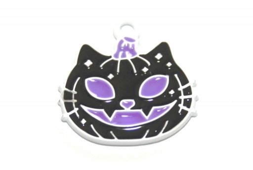 Charm Smaltato Halloween Zucca Gatto Nera - 21x20mm - 2pz