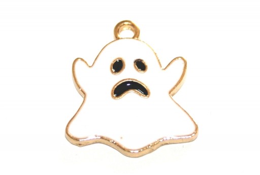 Charm Smaltato Halloween Fantasmino - Bianco Oro - 21x18mm - 2pz