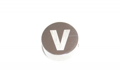Stainless Steel Beads Round Alphabet - Letter V 10x4,5mm - 1pc