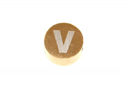 Perline Tonde in Acciaio Alfabeto Oro - Lettera V 10x4,5mm - 1pz