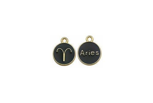 Round Black Enameled Zodiac Charms - Aries 15x12mm - 1pc